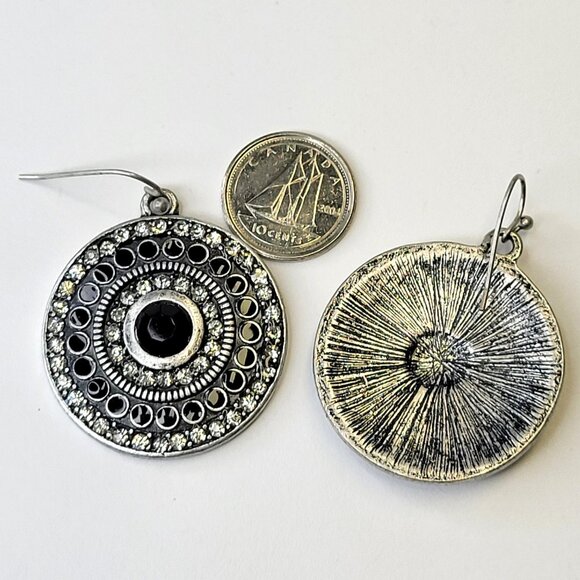 Silver and Black Oxidised Circular Drop Earrings - Picture 6 of 9